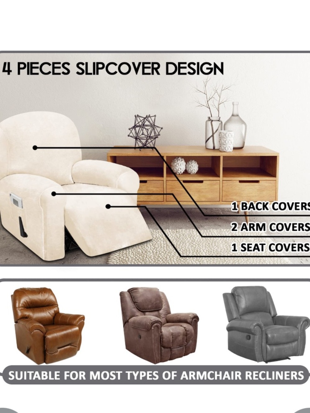 4-Piece Recliner Sofa Cover - IVORY